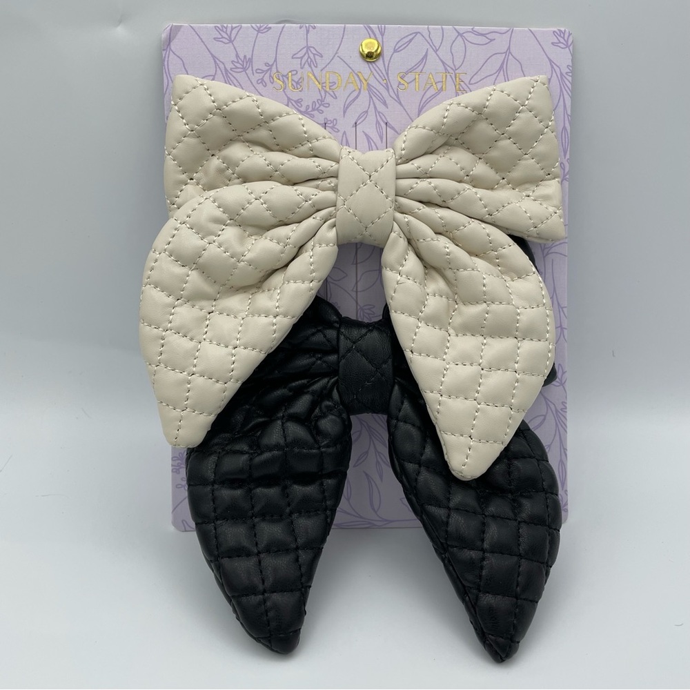 2 Quilted Faux Leather Bow Barrettes Cream & Black NWT